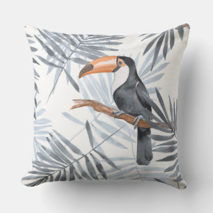 Toucanes and palm leaves. Grey Cushion