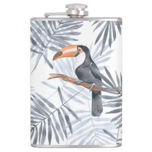 Toucanes and palm leaves. Grey Hip Flask