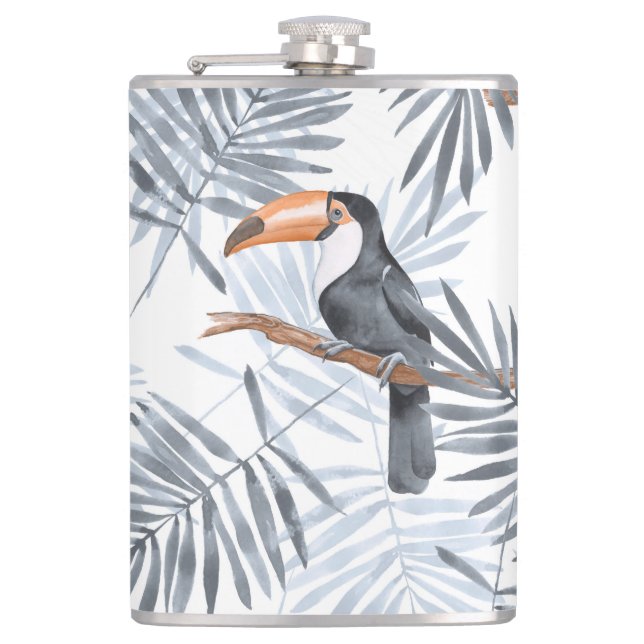Toucanes and palm leaves. Grey Hip Flask (Front)