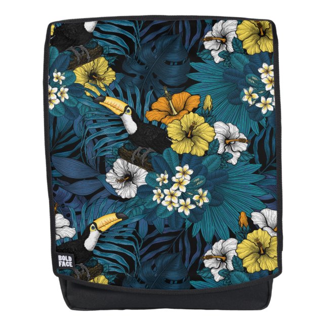 Toucans and tropical flora, blue , yellow , orange backpack (Front)