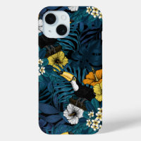 Toucans and tropical flora, blue , yellow , orange