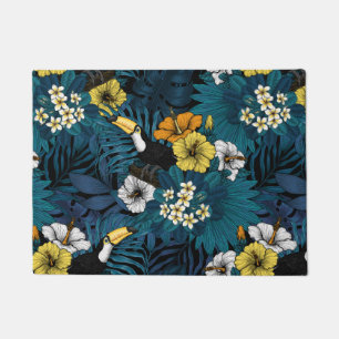 Toucans and tropical flora, blue , yellow , orange doormat