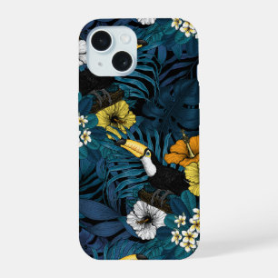 Toucans and tropical flora, blue , yellow , orange iPhone 15 case