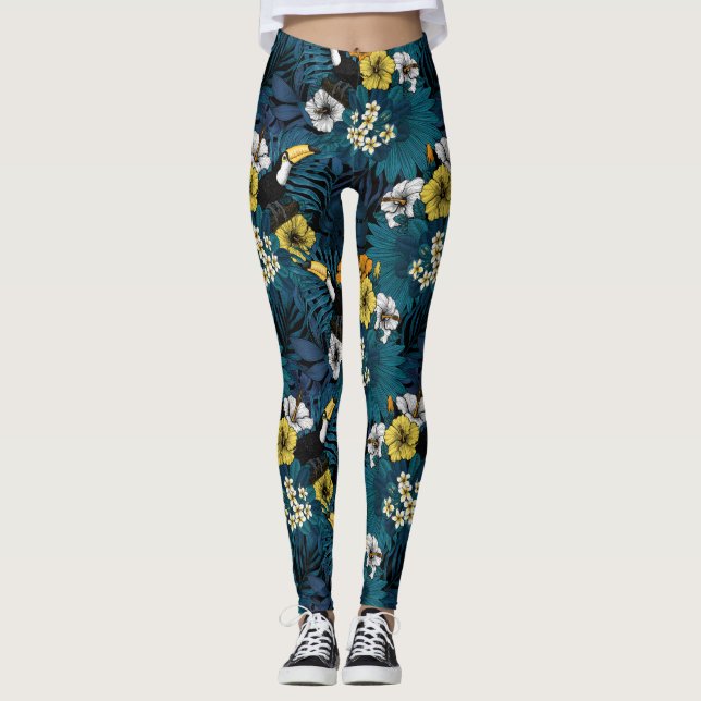 Toucans and tropical flora, blue , yellow , orange leggings (Front)
