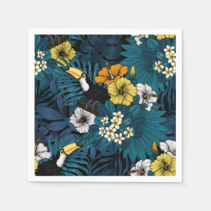 Toucans and tropical flora, blue , yellow , orange napkin
