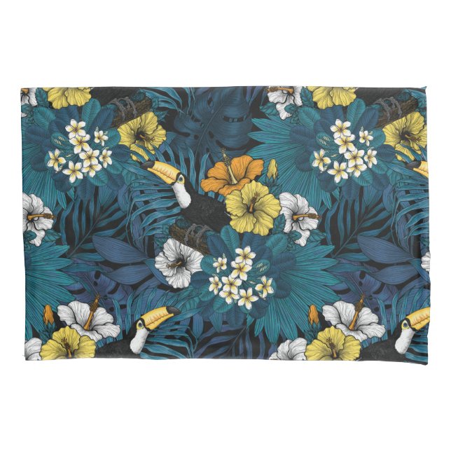 Toucans and tropical flora, blue , yellow , orange pillowcase (Front-Left)