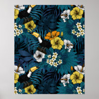 Toucans and tropical flora, blue , yellow , orange