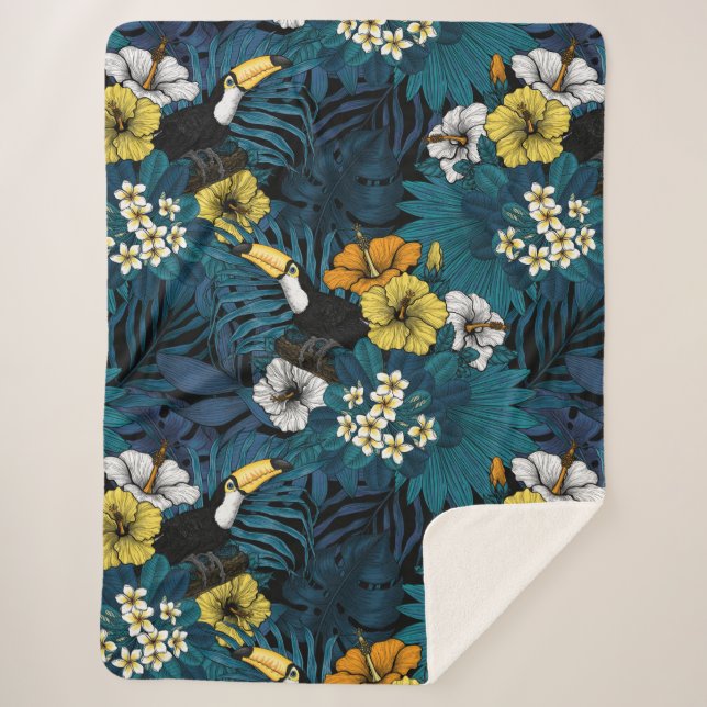 Toucans and tropical flora, blue , yellow , orange sherpa blanket (Front)