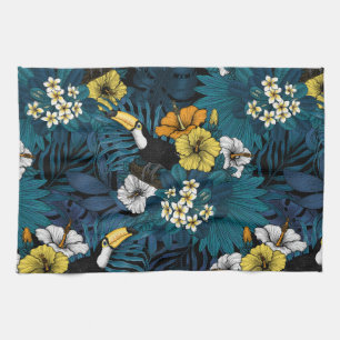 Toucans and tropical flora, blue , yellow , orange tea towel