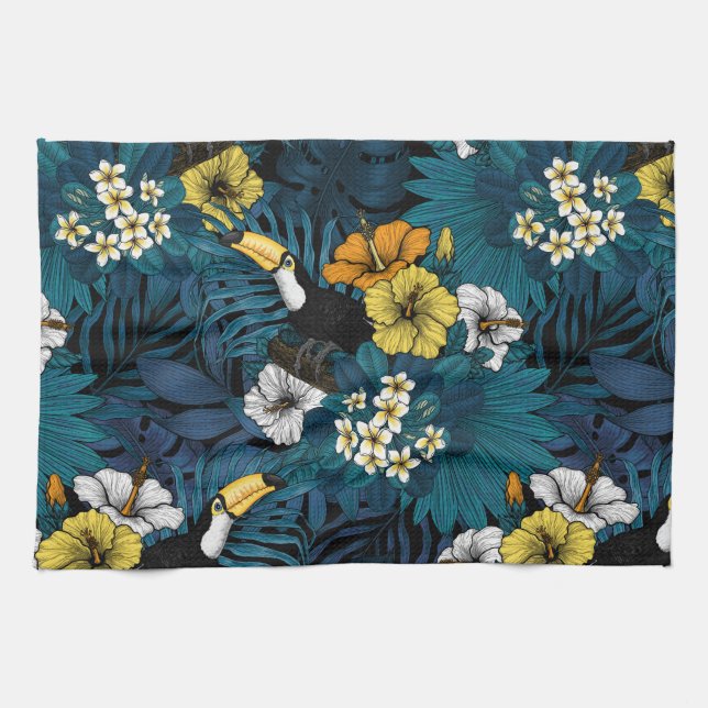 Toucans and tropical flora, blue , yellow , orange tea towel (Horizontal)