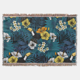 Toucans and tropical flora, blue , yellow , orange throw blanket