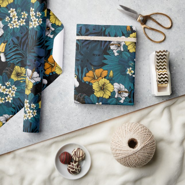 Toucans and tropical flora, blue , yellow , orange wrapping paper (Crafts)