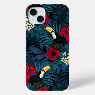 Toucans and tropical flora, green and red iPhone 15 mini case