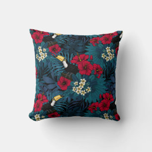 Toucans and tropical flora, green and red cushion