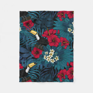 Toucans and tropical flora, green and red fleece blanket