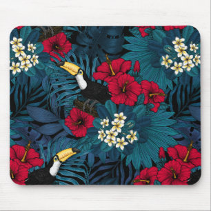 Toucans and tropical flora, green and red mouse pad