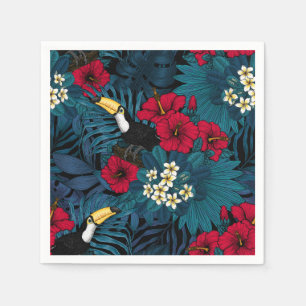 Toucans and tropical flora, green and red napkin