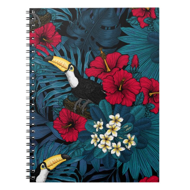 Toucans and tropical flora, green and red notebook (Front)