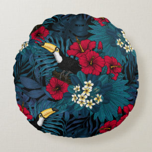 Toucans and tropical flora, green and red round cushion