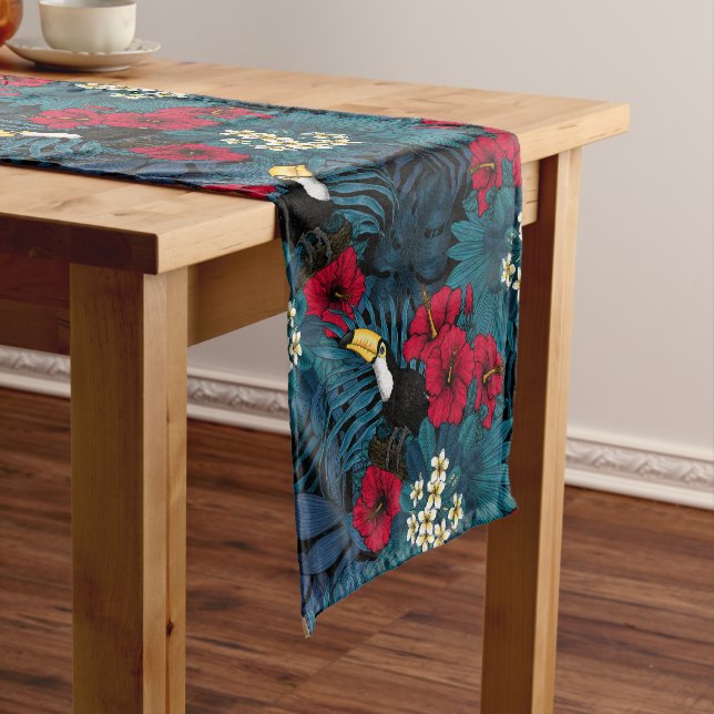 Toucans and tropical flora, green and red short table runner (In Situ)