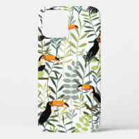 Toucans in green leaves and branches seamless patt