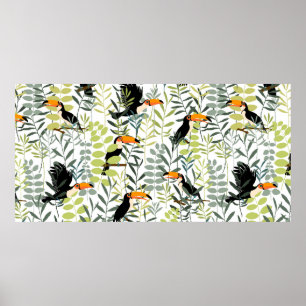 Toucans in green leaves and branches seamless patt poster