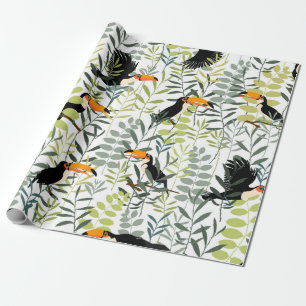 Toucans in green leaves and branches seamless patt wrapping paper