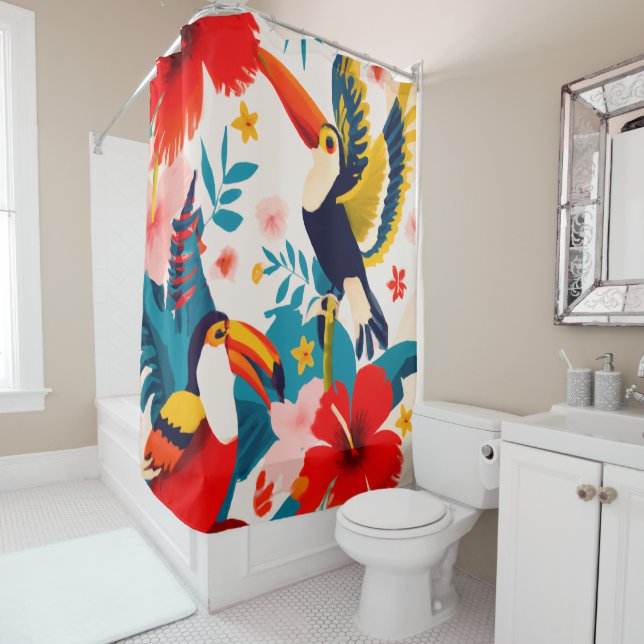 Toucans in paradise Tropical art shower curtain (In Situ)
