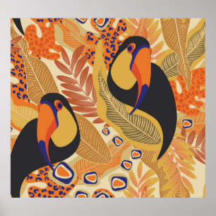 Toucans on branches, seamless tropical pattern. poster