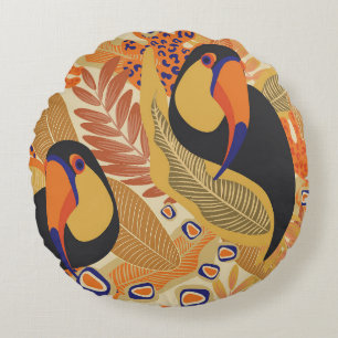 Toucans on branches, seamless tropical pattern. round cushion