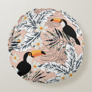 Toucans, Palms, Plumeria: Pink Tropical. Round Cushion