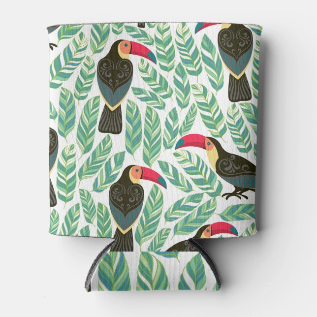 Toucans, tropical leaves, decorative pattern. can cooler (Front)