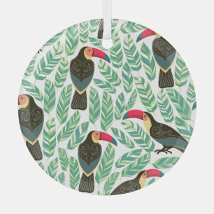 Toucans, tropical leaves, decorative pattern. glass tree decoration