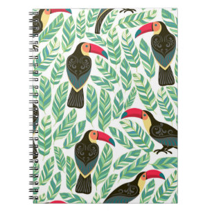 Toucans, tropical leaves, decorative pattern. notebook