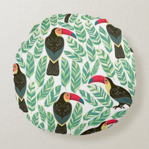 Toucans, tropical leaves, decorative pattern. round cushion