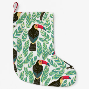 Toucans, tropical leaves, decorative pattern. small christmas stocking