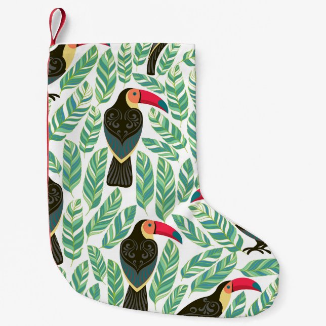 Toucans, tropical leaves, decorative pattern. small christmas stocking (Front)