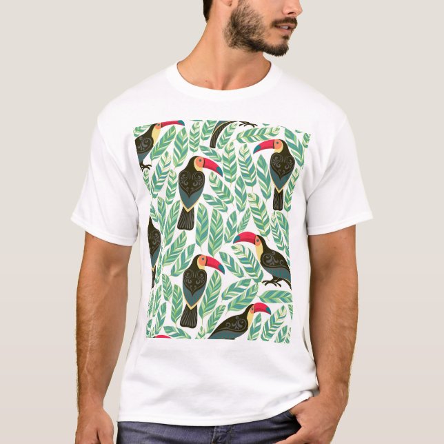 Toucans, tropical leaves, decorative pattern. T-Shirt (Front)
