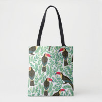 Toucans, tropical leaves, decorative pattern.