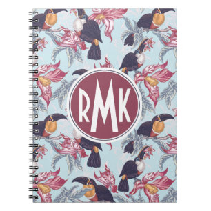 Toucans With Exotic Flowers Monogram Spiral Notebook