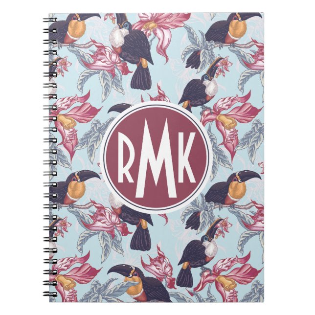 Toucans With Exotic Flowers | Monogram Spiral Notebook (Front)