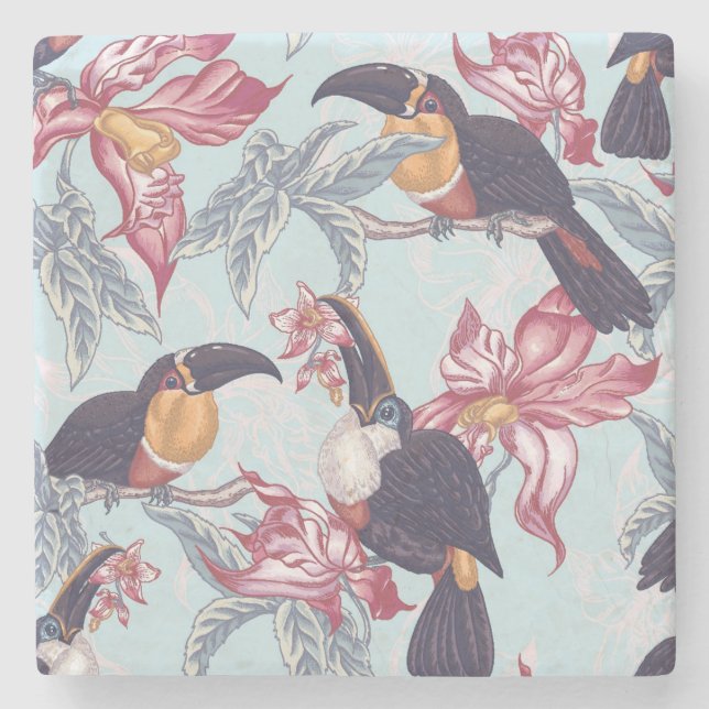 Toucans With Exotic Flowers Stone Coaster (Front)