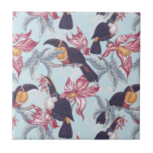 Toucans With Exotic Flowers Tile