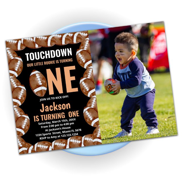 Touch Down One Black Football Birthday With Photo Invitation (Creator Uploaded)