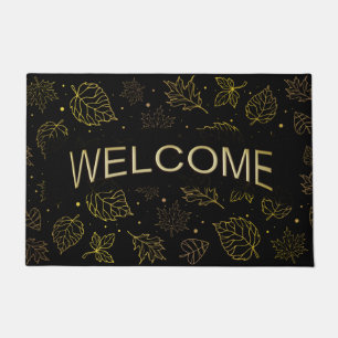 Touch of Elegance Golden Leaves on Black Welcome Doormat