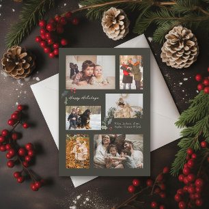 Touch of Holly Minimal Photo Collage Grey Holiday Card