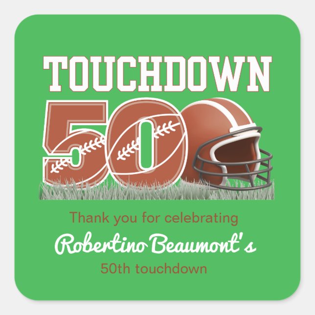 Touchdown Fifty Funny Football 50th Birthday Square Sticker (Front)