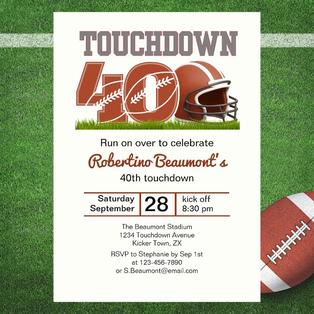 Touchdown Forty Funny Football 40th Birthday Invitation (Creator Uploaded)