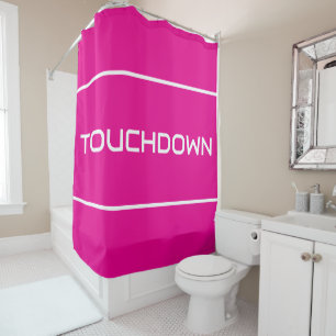 TOUCHDOWN Modern White Text Stripes On Bright Pink Shower Curtain