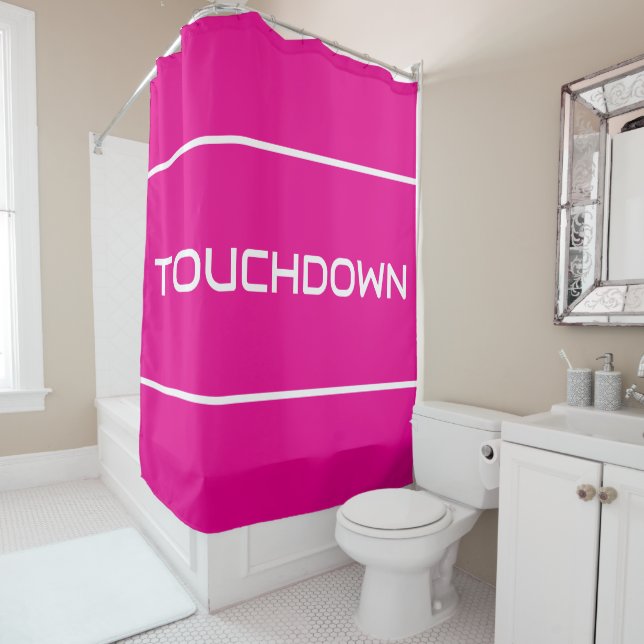 TOUCHDOWN Modern White Text Stripes On Bright Pink Shower Curtain (In Situ)